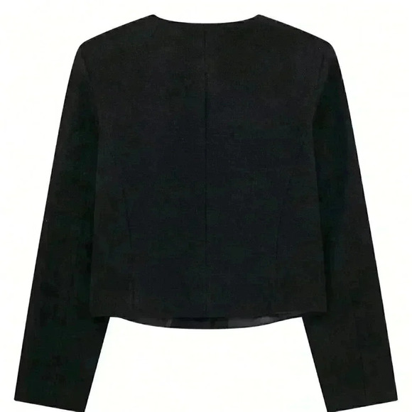 Black Elegant Women's Casual Tweed Jacket Decorated Long Sleeve Coat - Picture 8 of 8